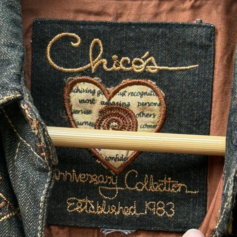 Chico's Jacket Womens 1 Medium Brown Native Southwest Embellished Denim Shacket - Picture 7 of 9